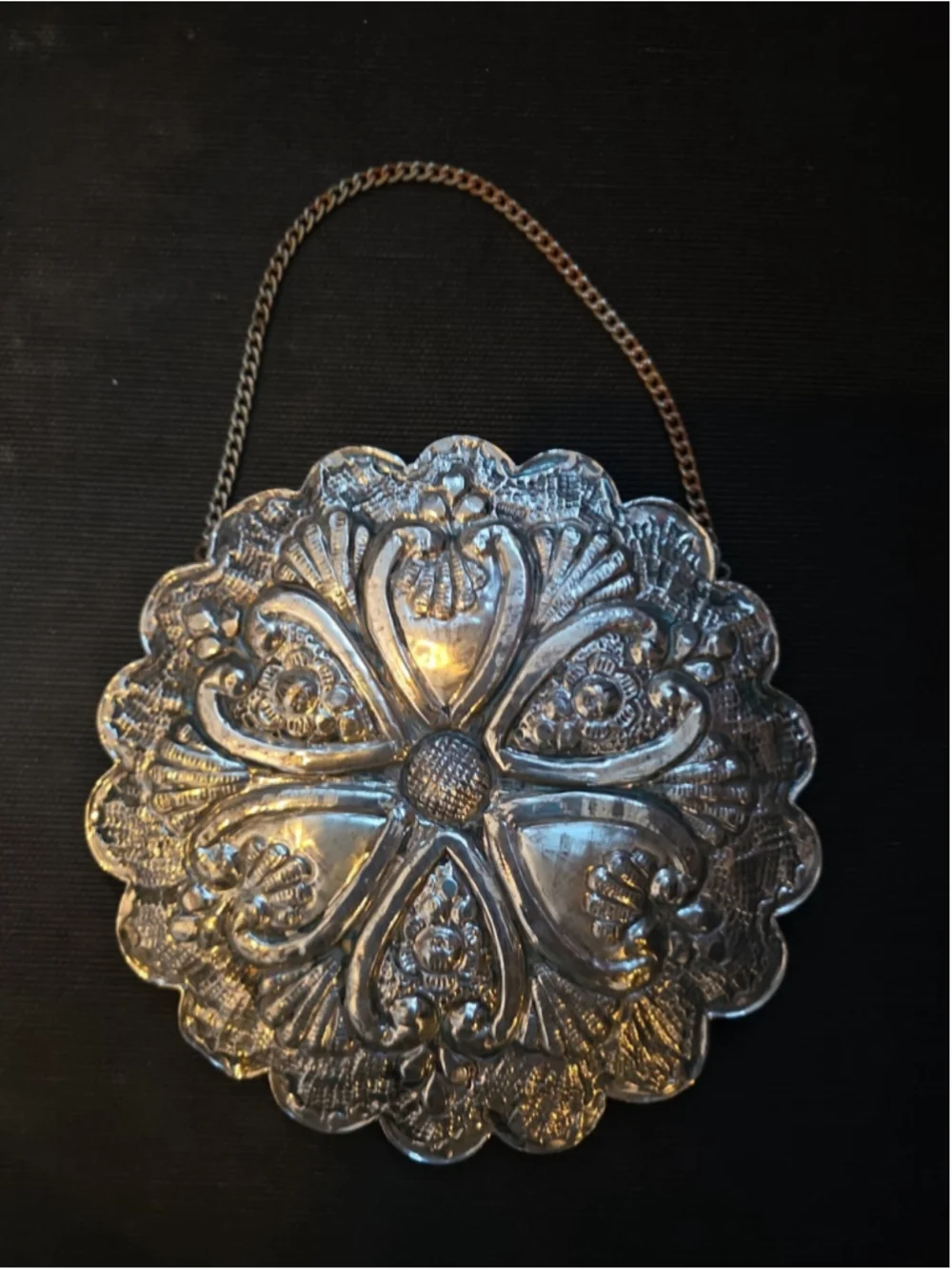 Turkish 900 Silver Repoussé Floral Hanging Wedding Mirror 5.5